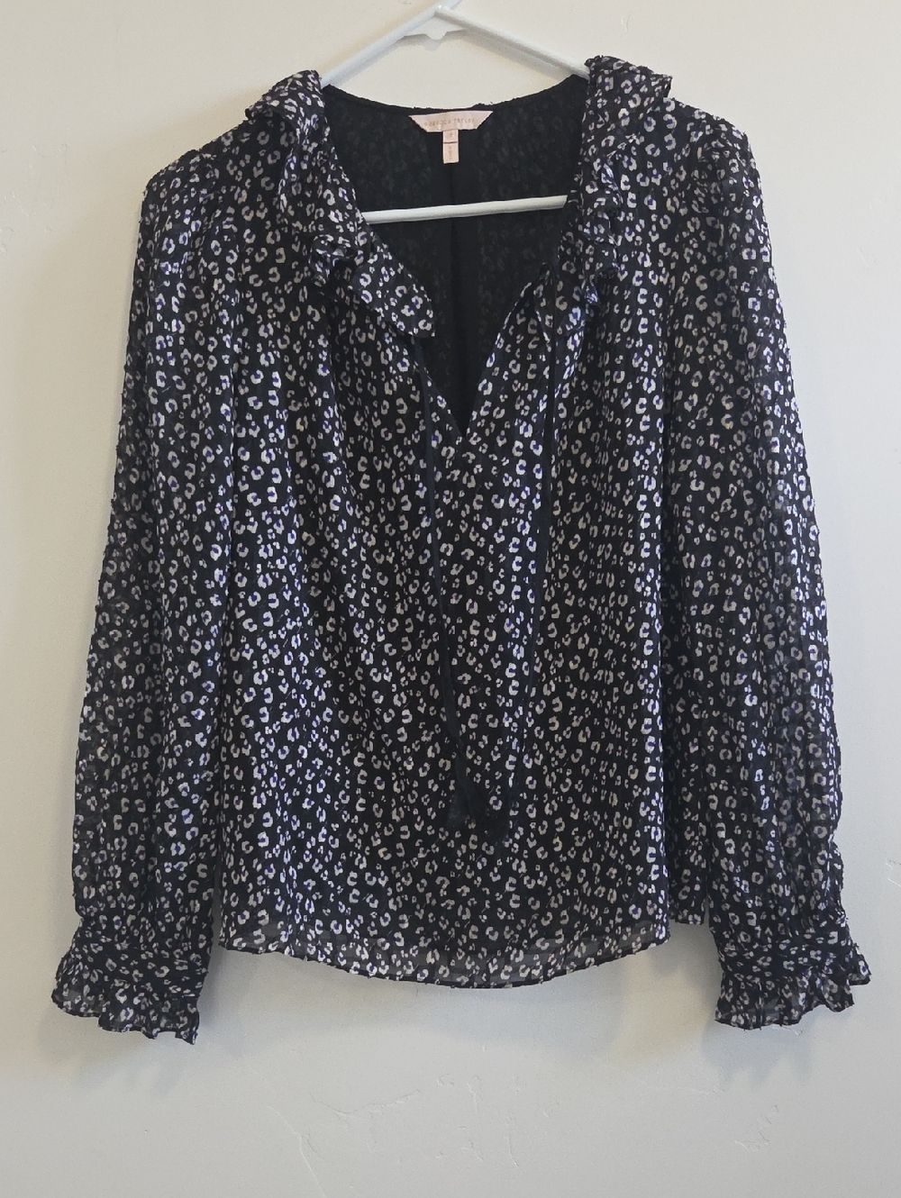 Rebecca Taylor Black Blouse with Lavender Animal Print Tie Neck